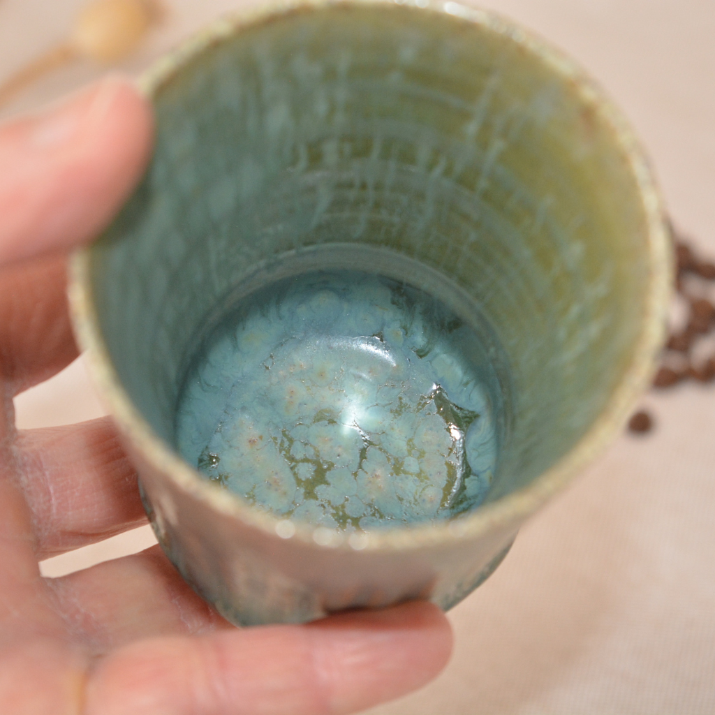 Handmade Carved Ceramic Tumbler – Soft Green & Blue Glaze