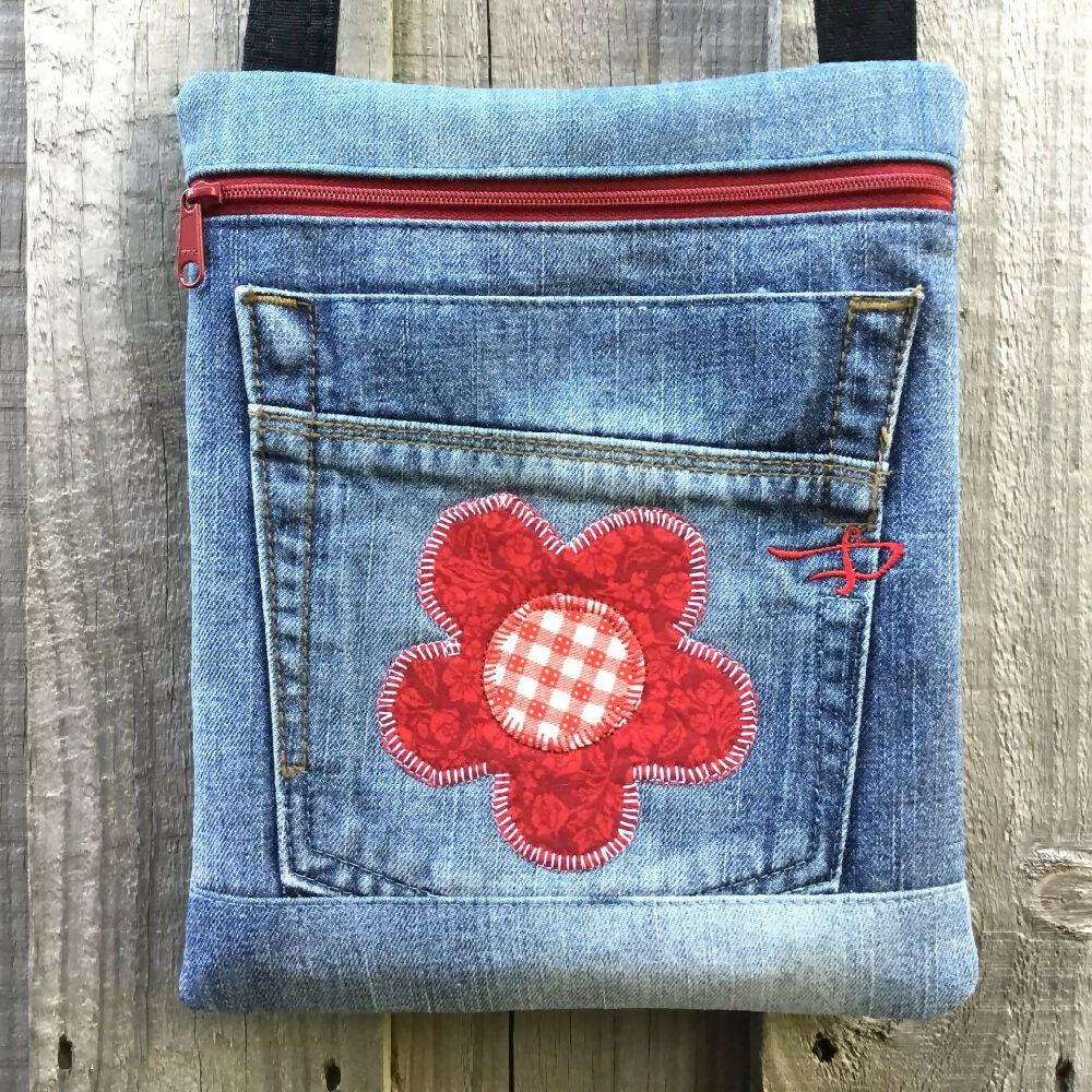 Upcycled Denim Crossbody Bag - Red Flower