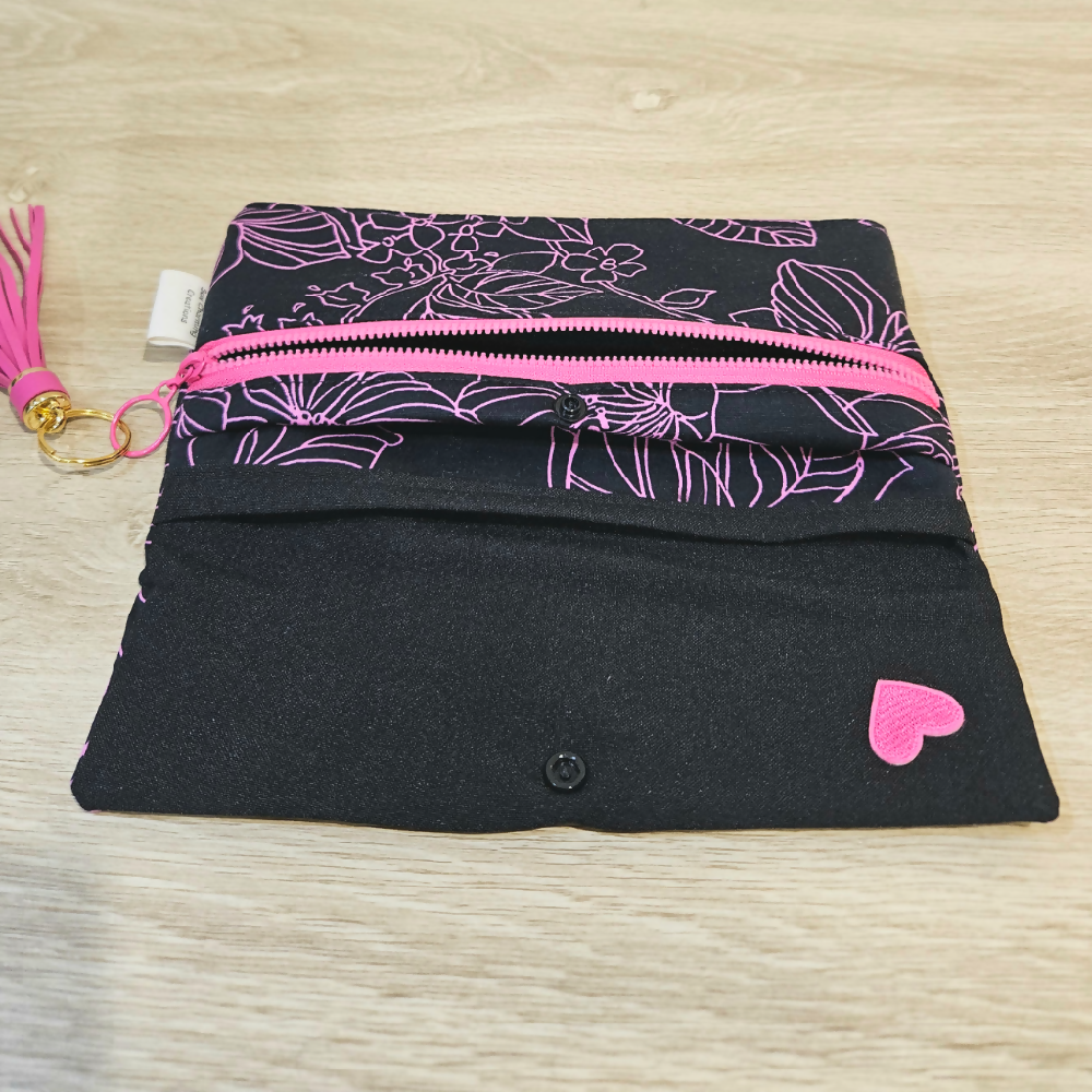 Foldable Wallet/Purse/Mobile Phone Holder - Black and Pink Design