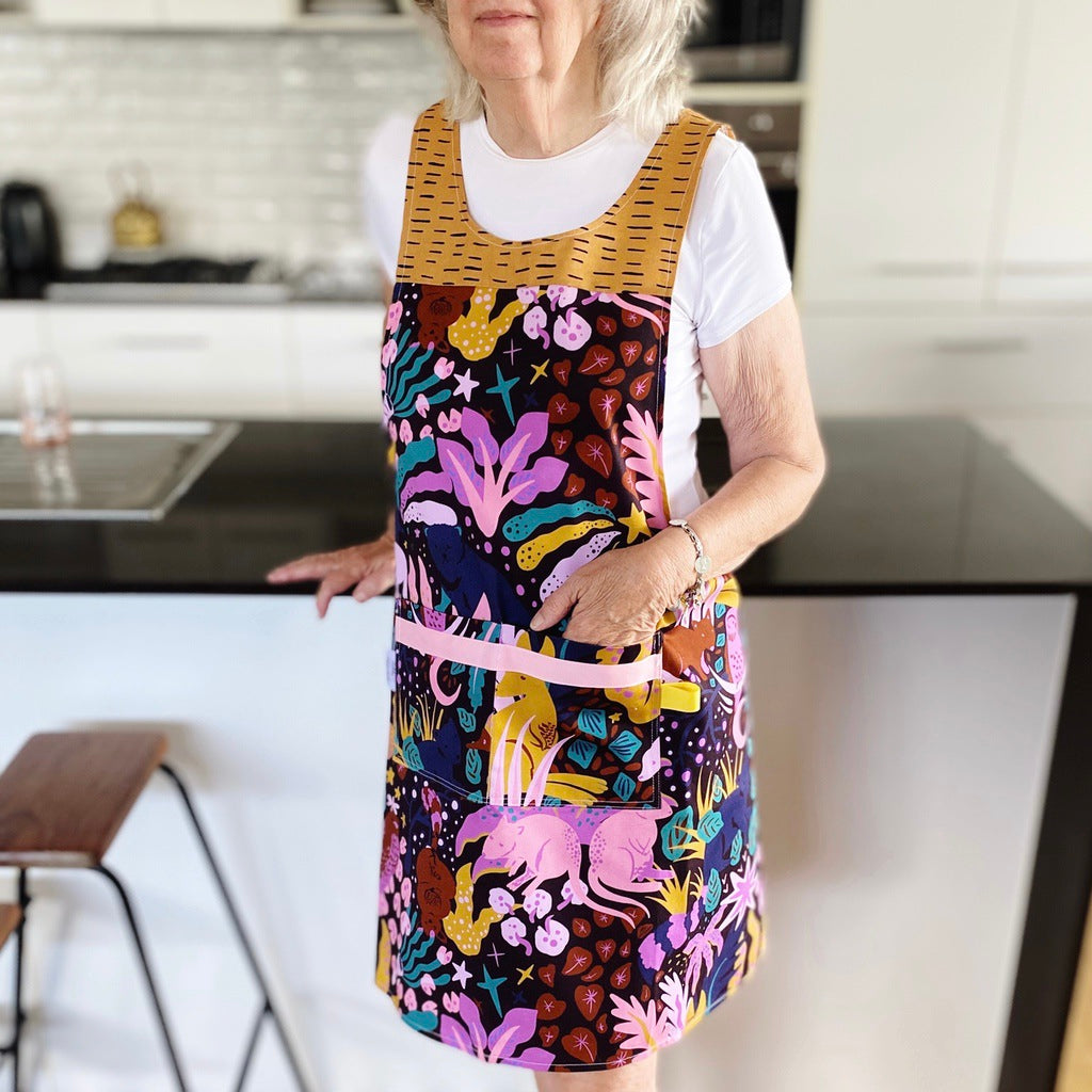 Australian animals Japanese style cross back kitchen apron. Crafting, gardening, no ties apron.