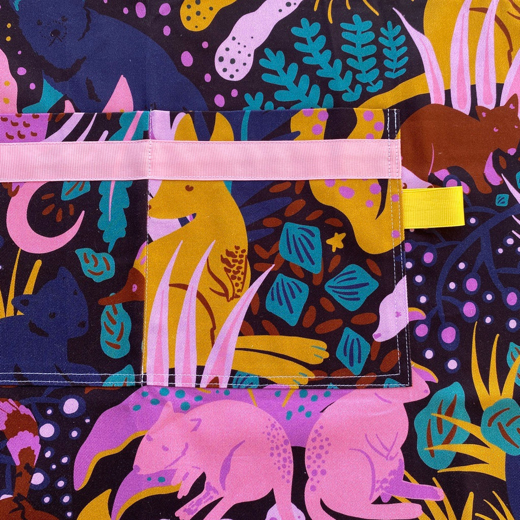 Australian animals Japanese style cross back kitchen apron. Crafting, gardening, no ties apron.