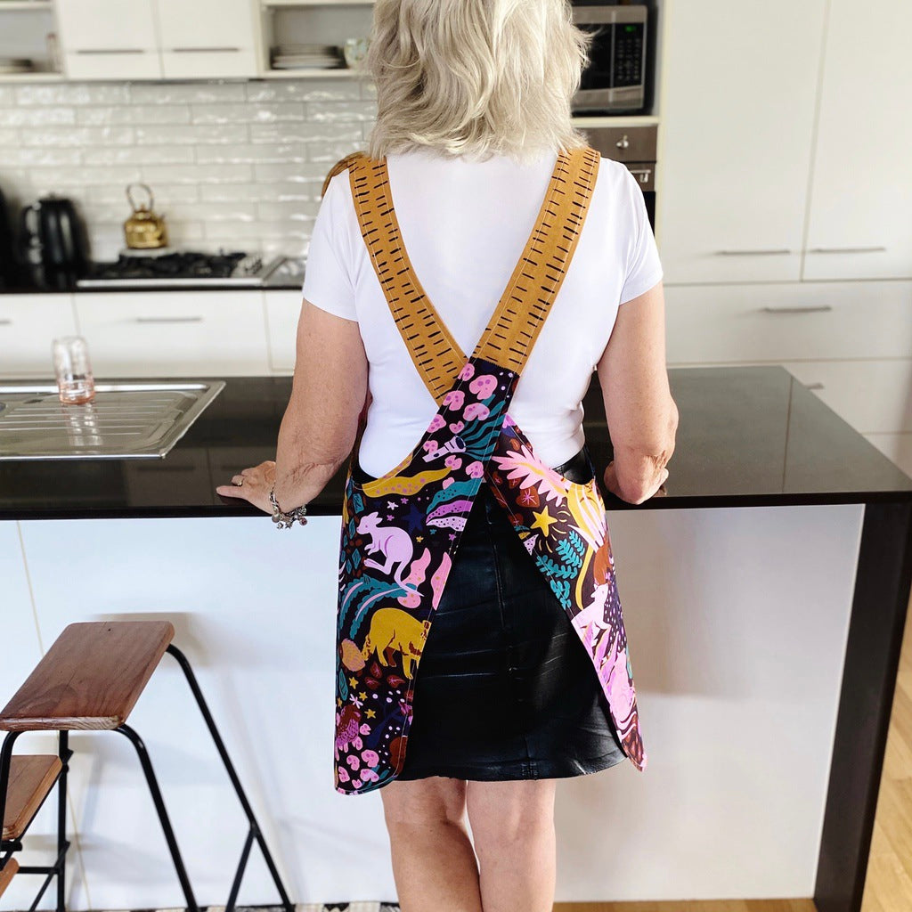Australian animals Japanese style cross back kitchen apron. Crafting, gardening, no ties apron.