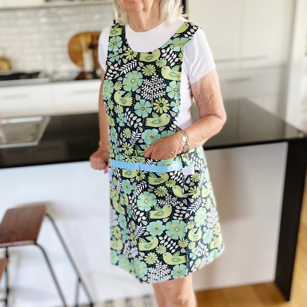 Birds and flowers Japanese style cross back kitchen apron. Crafting, gardening, no ties apron.