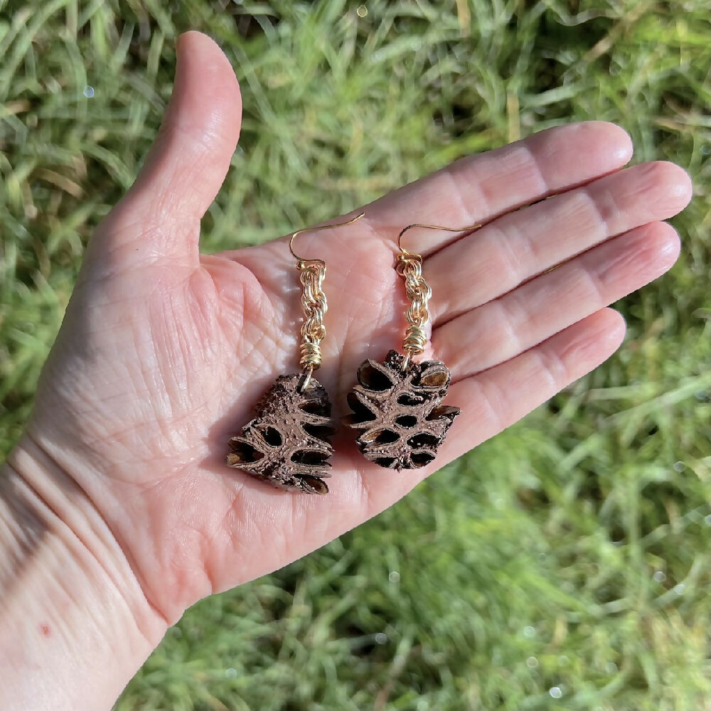 Silver plated banksia earrings hand