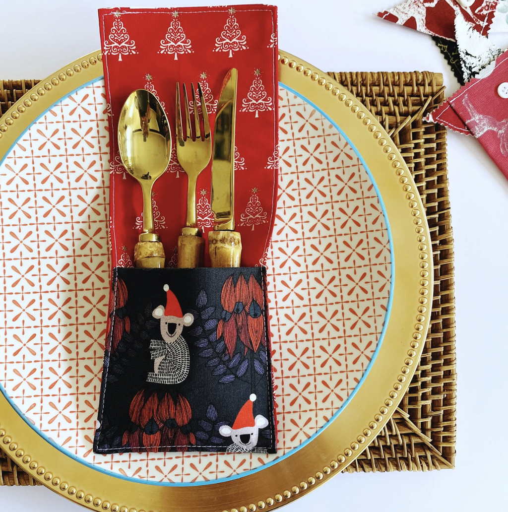 Koala Christmas cutlery holder set (of 4). Australian style cutlery pouch set.