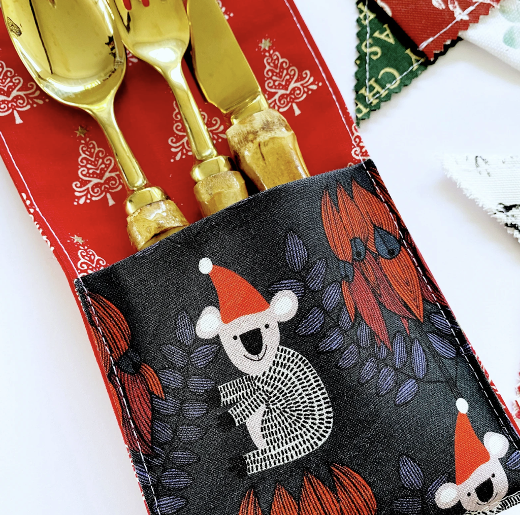 Koala Christmas cutlery holder set (of 4). Australian style cutlery pouch set.