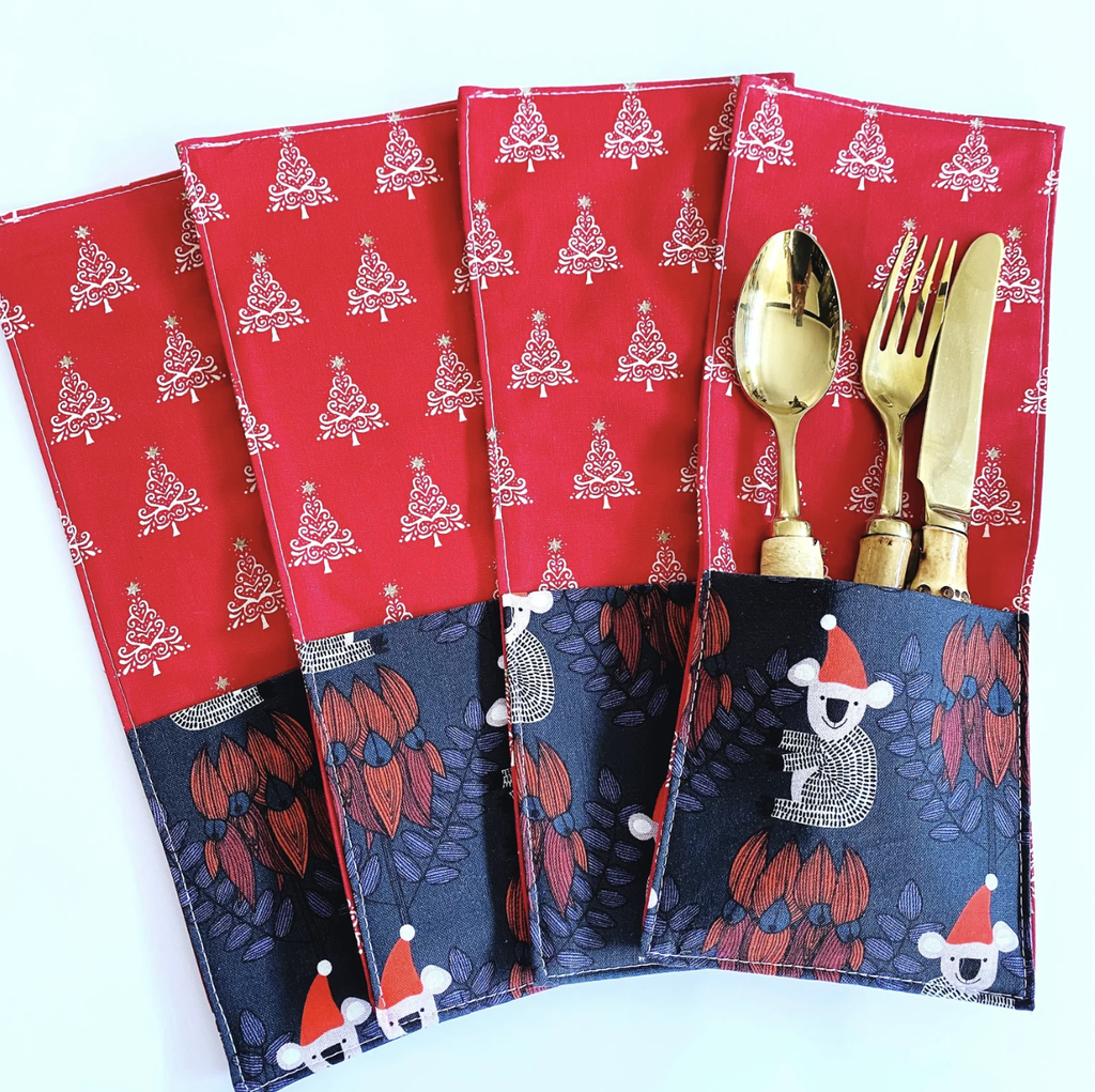 Koala Christmas cutlery holder set (of 4). Australian style cutlery pouch set.