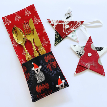 Koala Christmas cutlery holder set (of 4). Australian style cutlery pouch set.