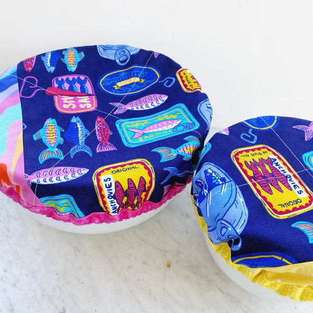 Sardines reusable fabric bowl covers. Set of two. Proofing cloths.