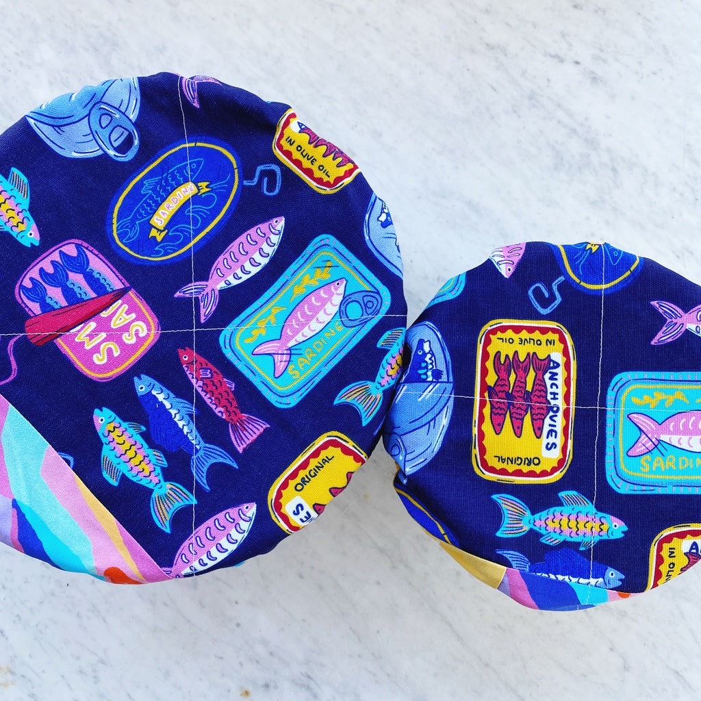 Sardines reusable fabric bowl covers. Set of two. Proofing cloths.