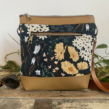 Mia Crossbody Bag - Yellow Floral on Black/Tan Faux Leather