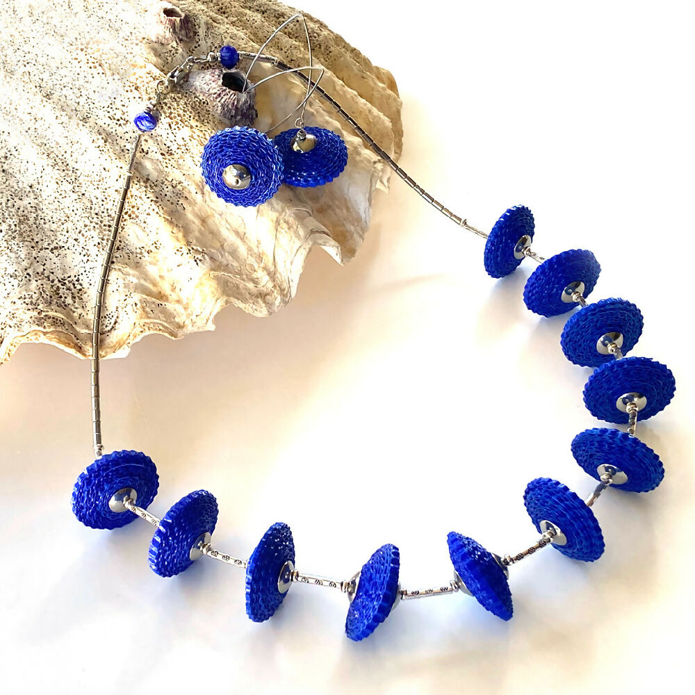 Blue Paper Necklace + earrings