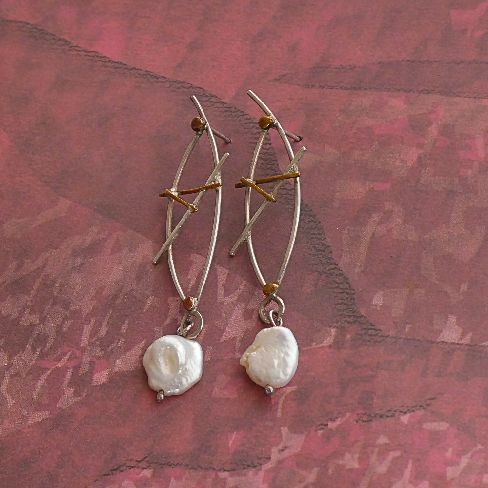Sterling silver, brass and pearl on pink M001
