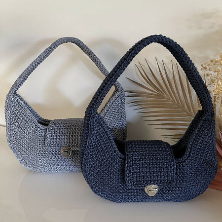 Handmade Crochet Shoulder Purse, Premium Polyester Yarn, Lock Clasp, Grey/Navy