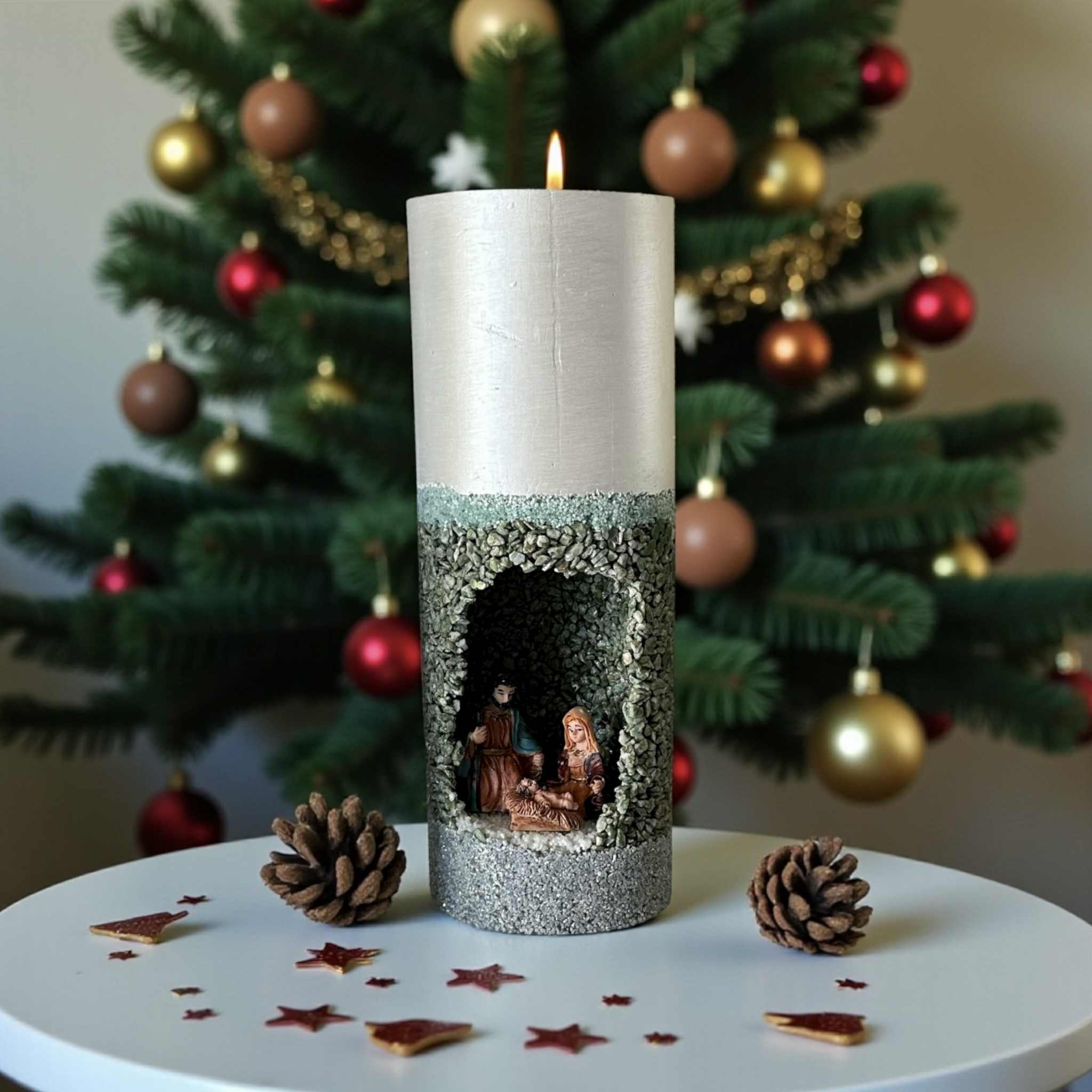 Handmade Refillable Christmas Nativity Pillar Candle | Scented | Reusable Concrete Jar | Holiday Decor Gift | Christian Christmas Candle