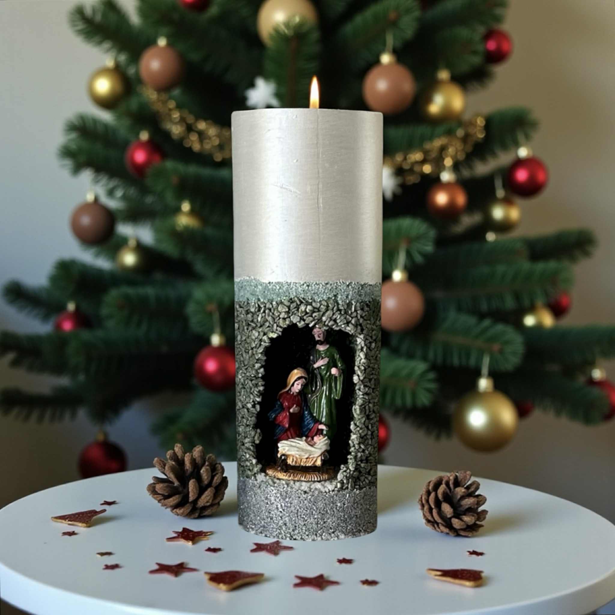 Handmade Refillable Christmas Nativity Pillar Candle | Scented | Reusable Concrete Jar | Holiday Decor Gift | Christian Christmas Candle