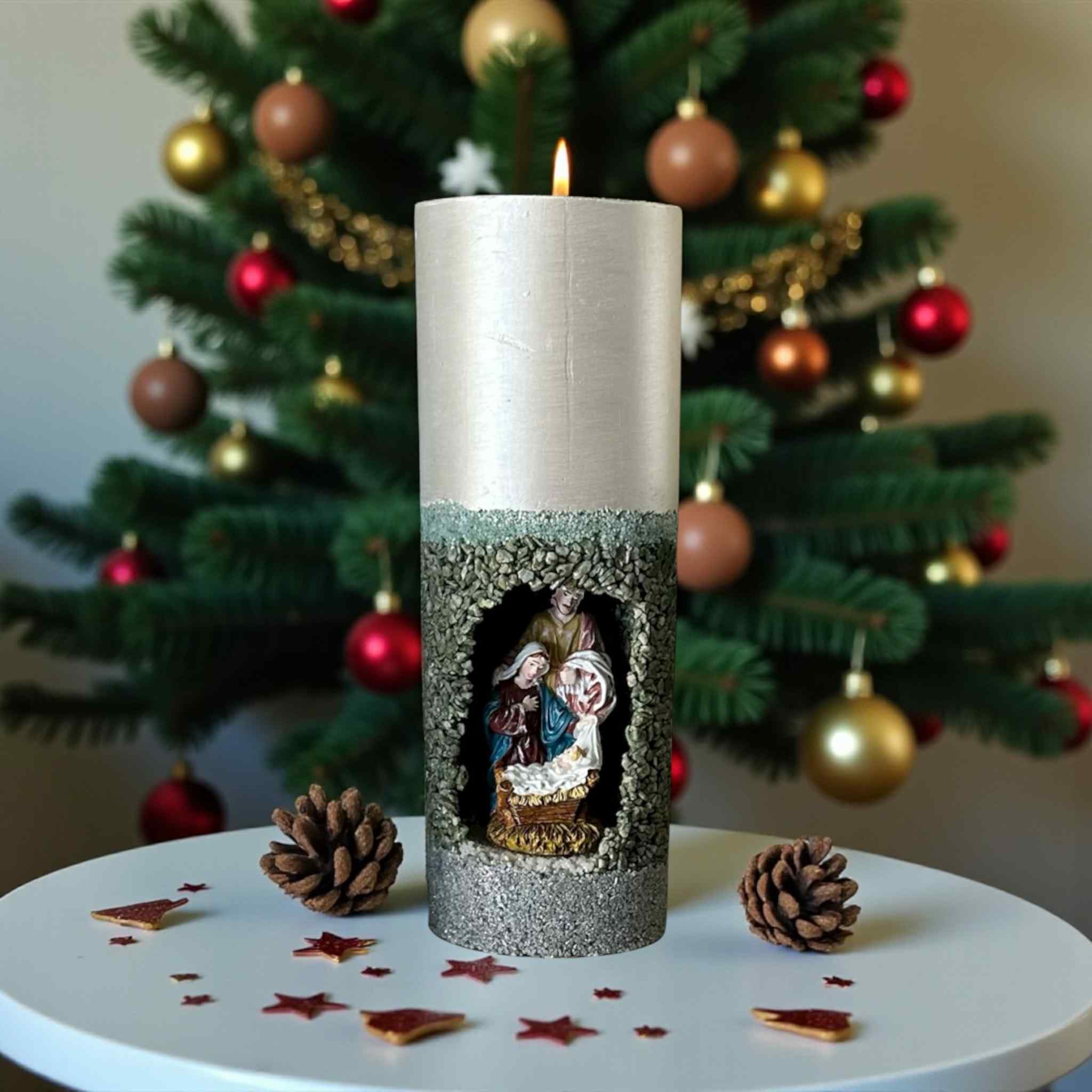 Handmade Refillable Christmas Nativity Pillar Candle | Scented | Reusable Concrete Jar | Holiday Decor Gift | Christian Christmas Candle