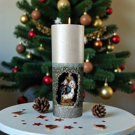 Handmade Refillable Christmas Nativity Pillar Candle | Scented | Reusable Concrete Jar | Holiday Decor Gift | Christian Christmas Candle