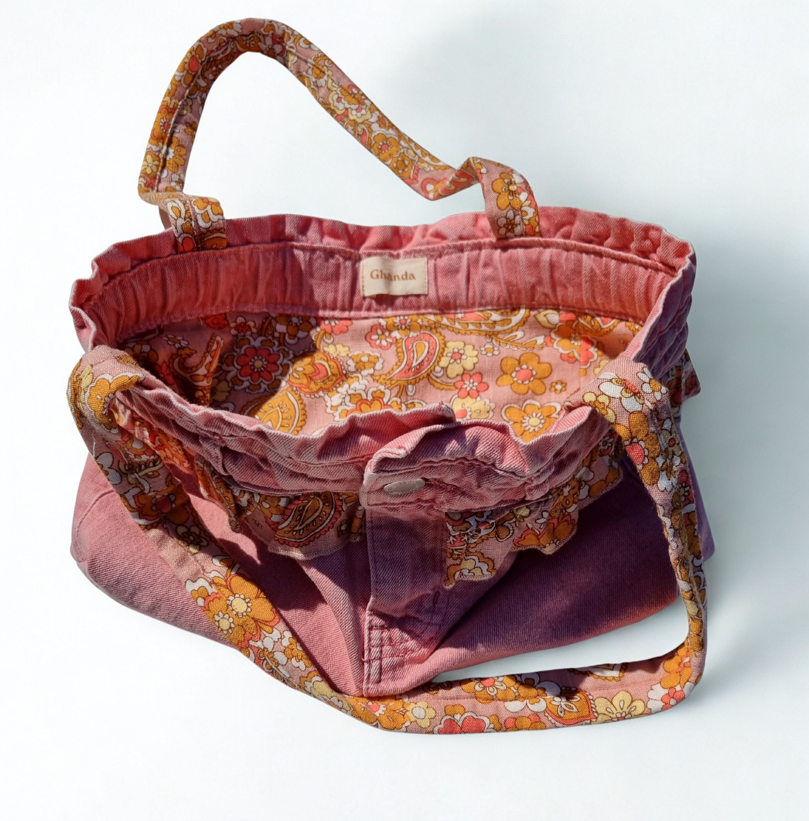 Pink Denim Handbag with Ghanda Lining and Frill