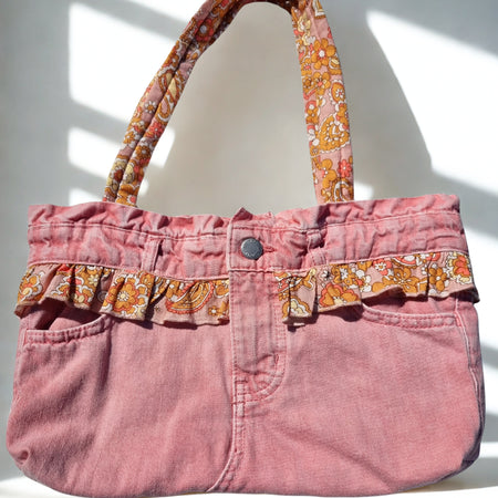 Pink Denim Handbag with Ghanda Lining and Frill