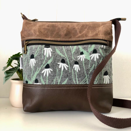 Leather, Waxed Canvas and Coneflower Fabric Zipper Handbag