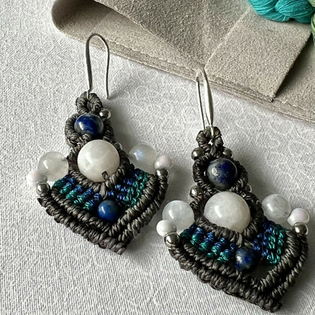 Grey Boho Micro Macrame Earrings - Moonstone & Lapiz +Free microfibre pouch