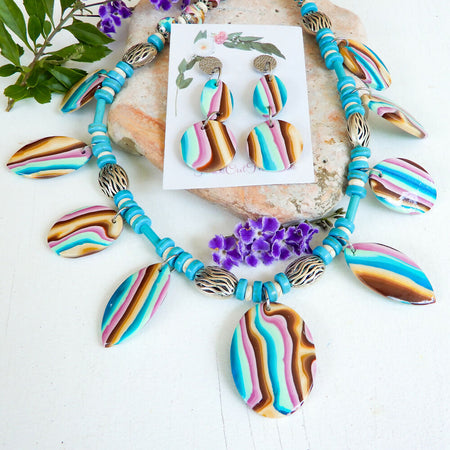 Blue & Pink Polymer Clay Necklace & Earring Set 