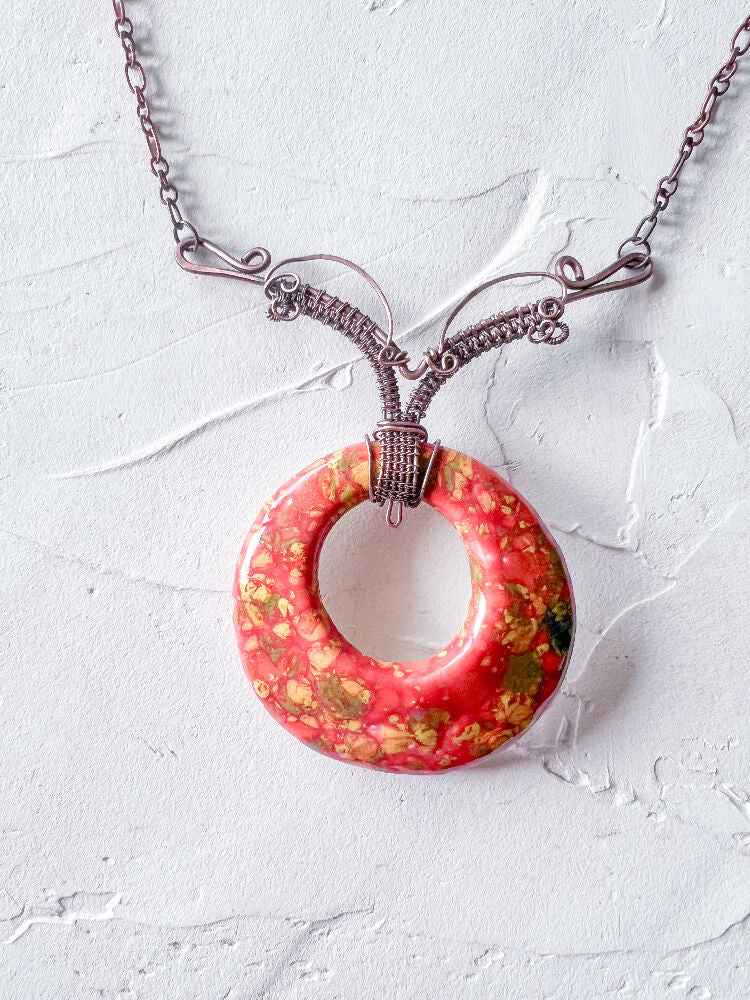 Handmade Orange and Yellow Glaze Ceramic and Copper Boho Pendant