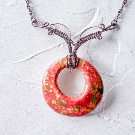 Handmade Orange and Yellow Glaze Ceramic and Copper Boho Pendant