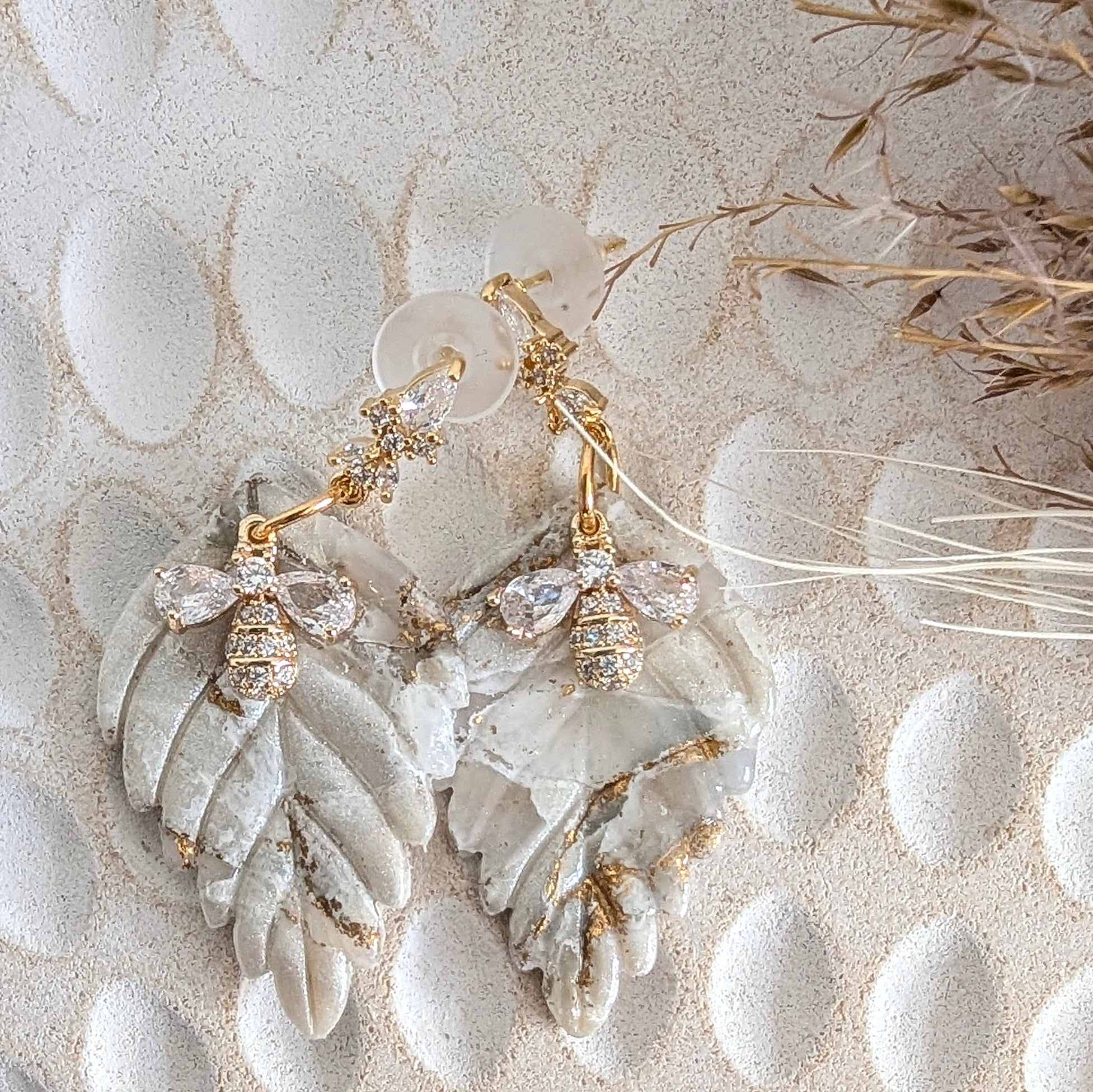 Bees on Leaves Gold Accented Earrings