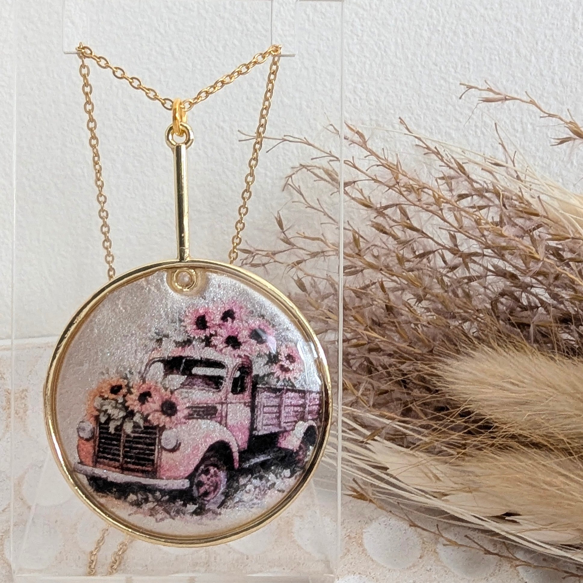 Rustic Truck and Sunflowers Pendant and Earrings Set.