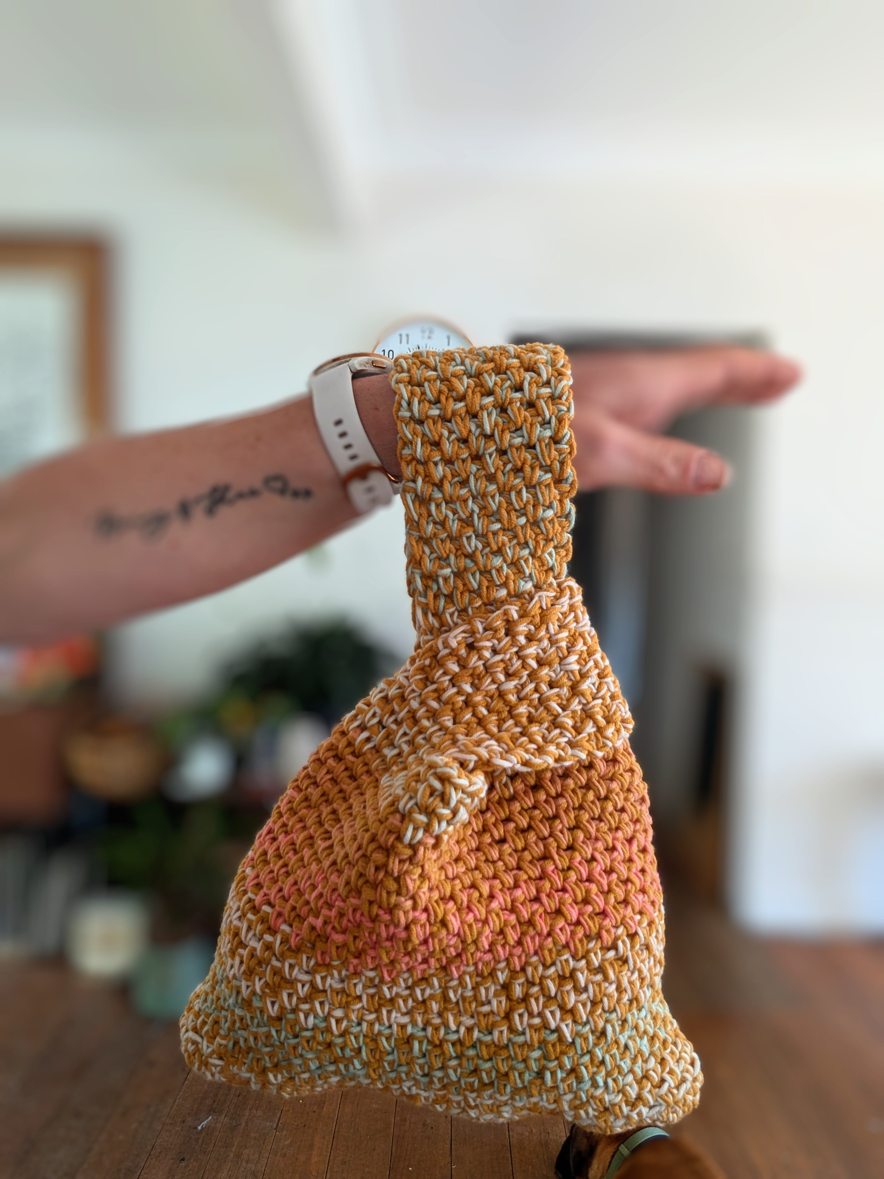 Japanese Knot Bag - Unique Crochet Bag Ochre Mustard Orange
