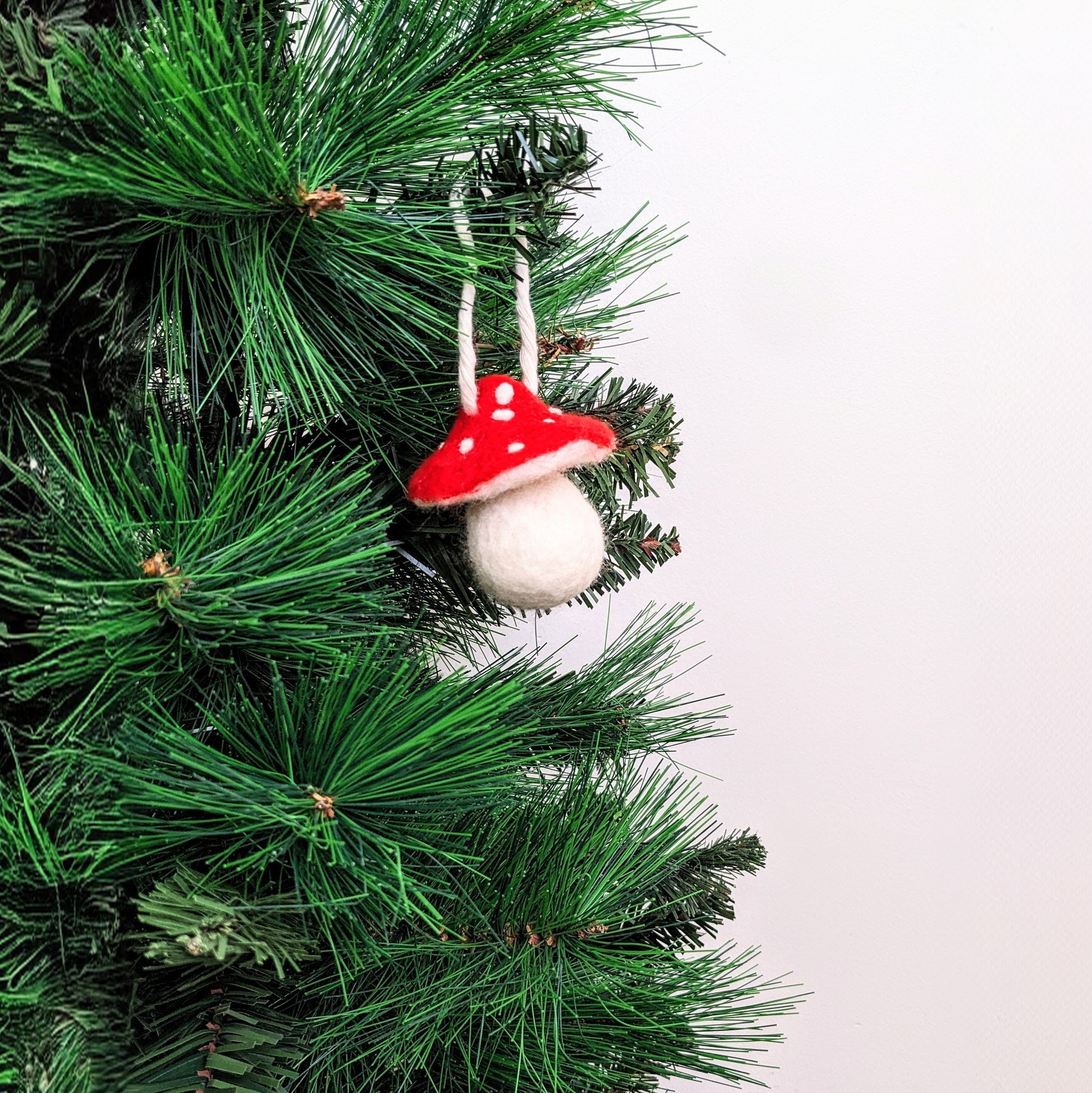 Mushroom hanging Christmas tree ornament - needle felted wool