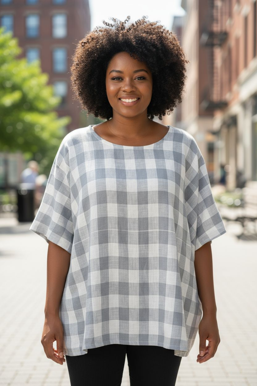 Rhodanthe Top 100% Linen in Pale Blue Check