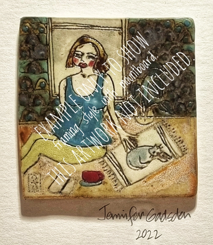 Ceramic Tile Artwork, CONNECTIONS: Neighbours Catching up at the Kitchen Bench, framed
