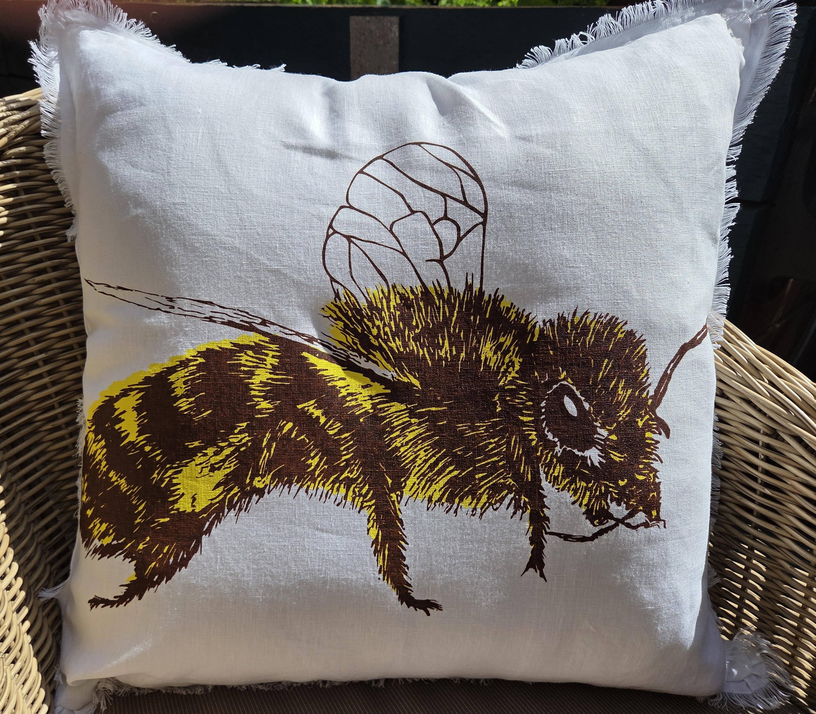 Hand screen printed Honey Bee- French Linen cushion covers