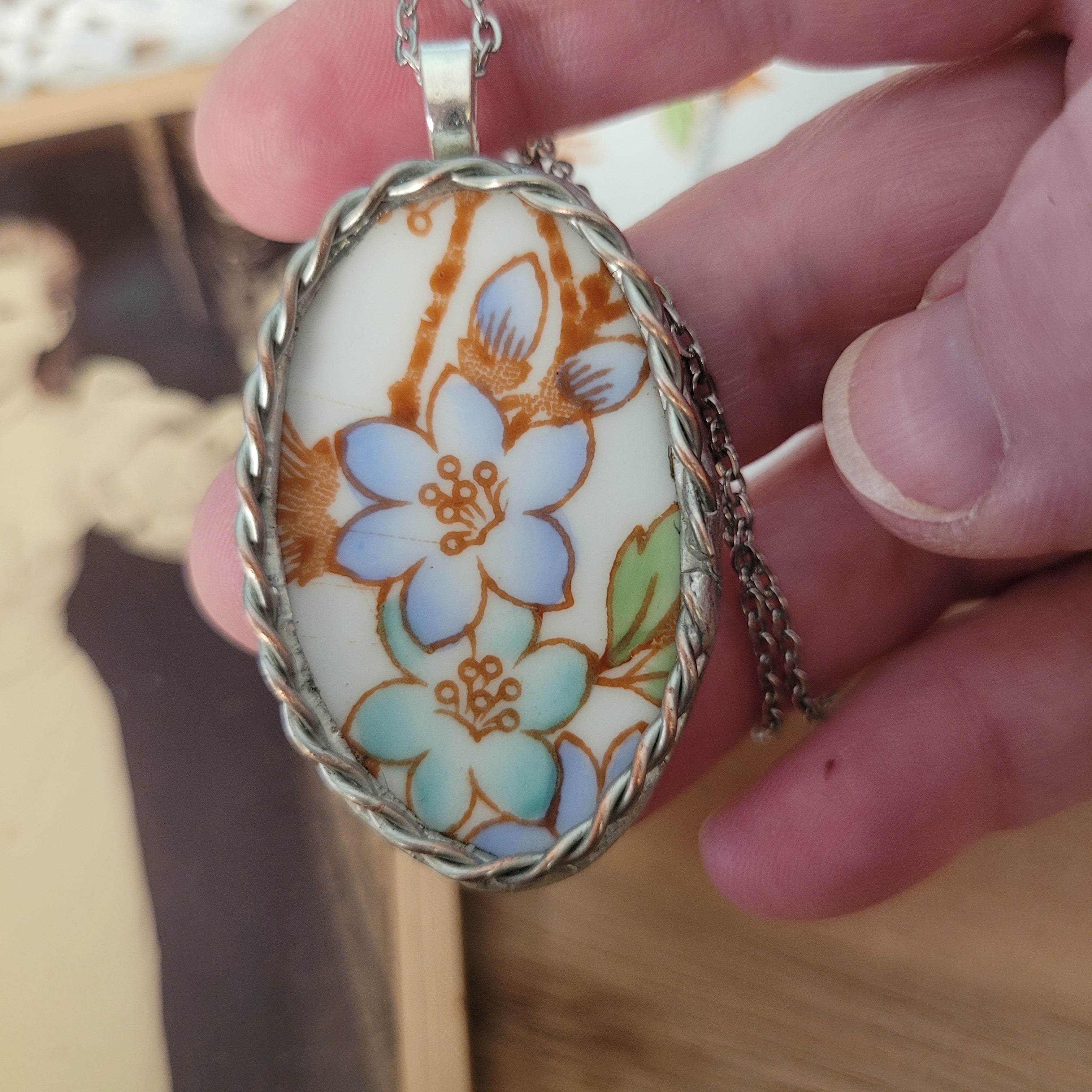 Upcycled Antique China - Pendant on stainless steel chain