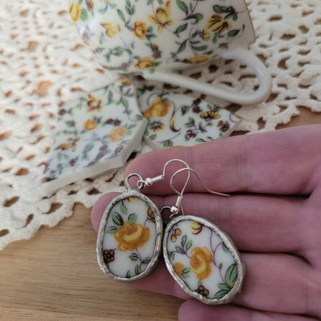 Upcycled Vintage China - yellow rose chintz earrings