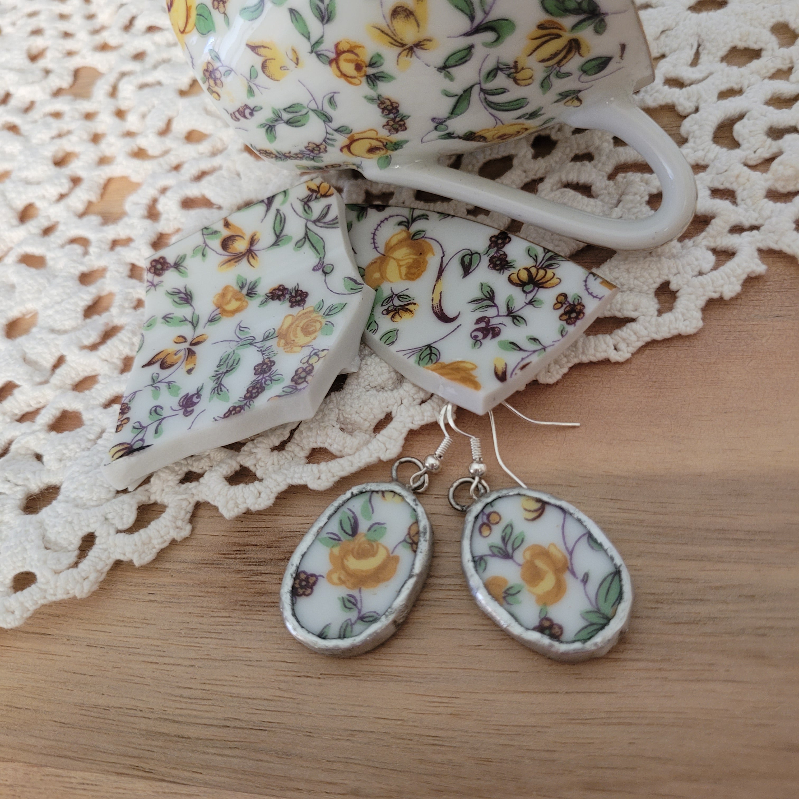 Upcycled Vintage China - yellow rose chintz earrings