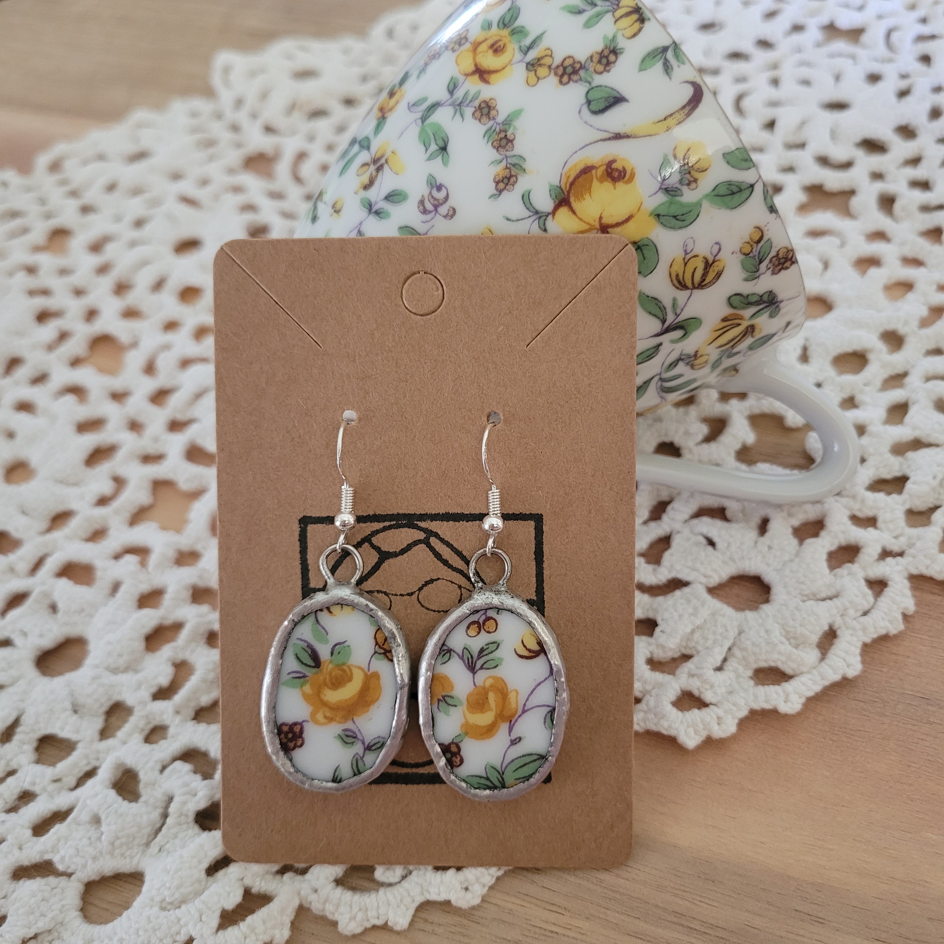Upcycled Vintage China - yellow rose chintz earrings
