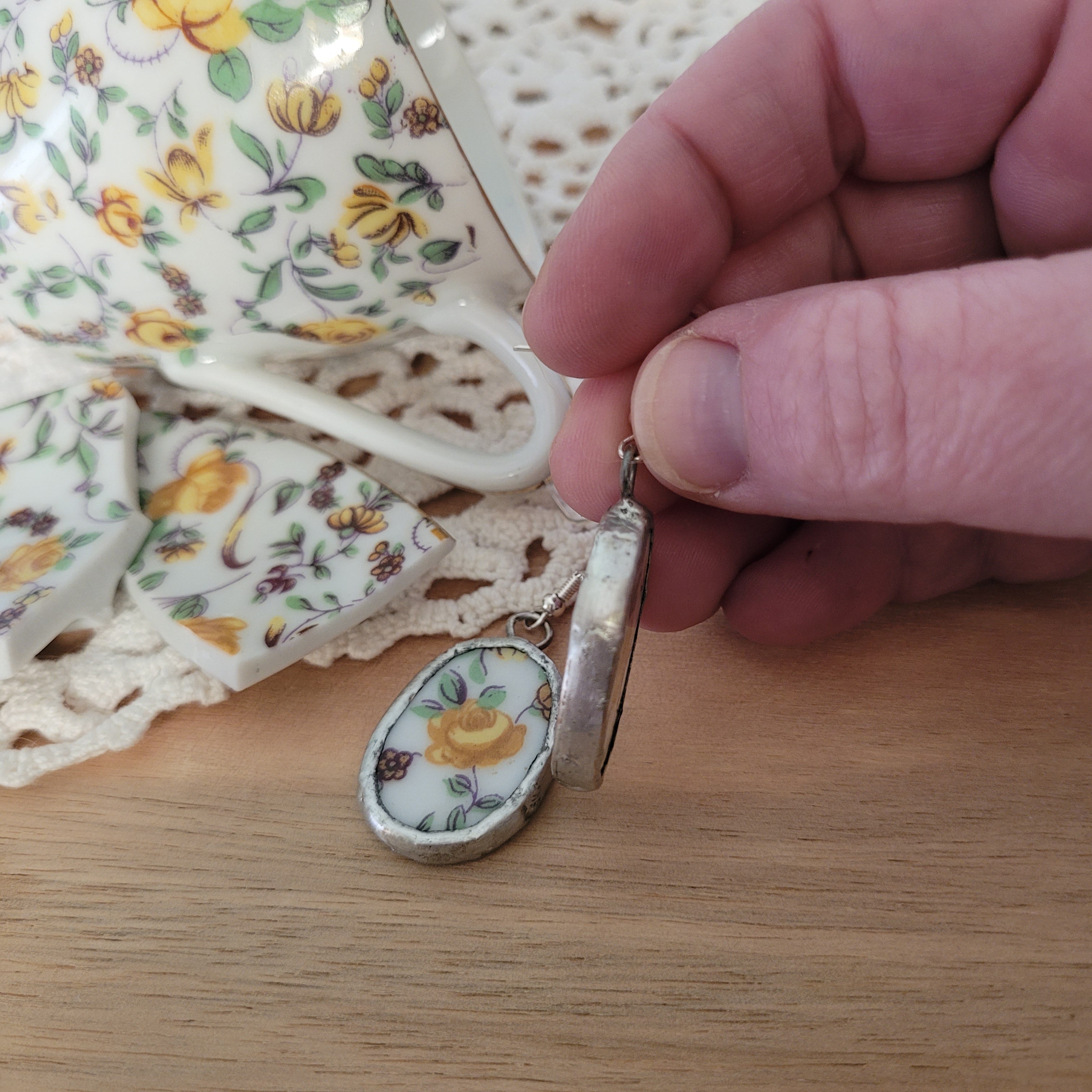 Upcycled Vintage China - yellow rose chintz earrings