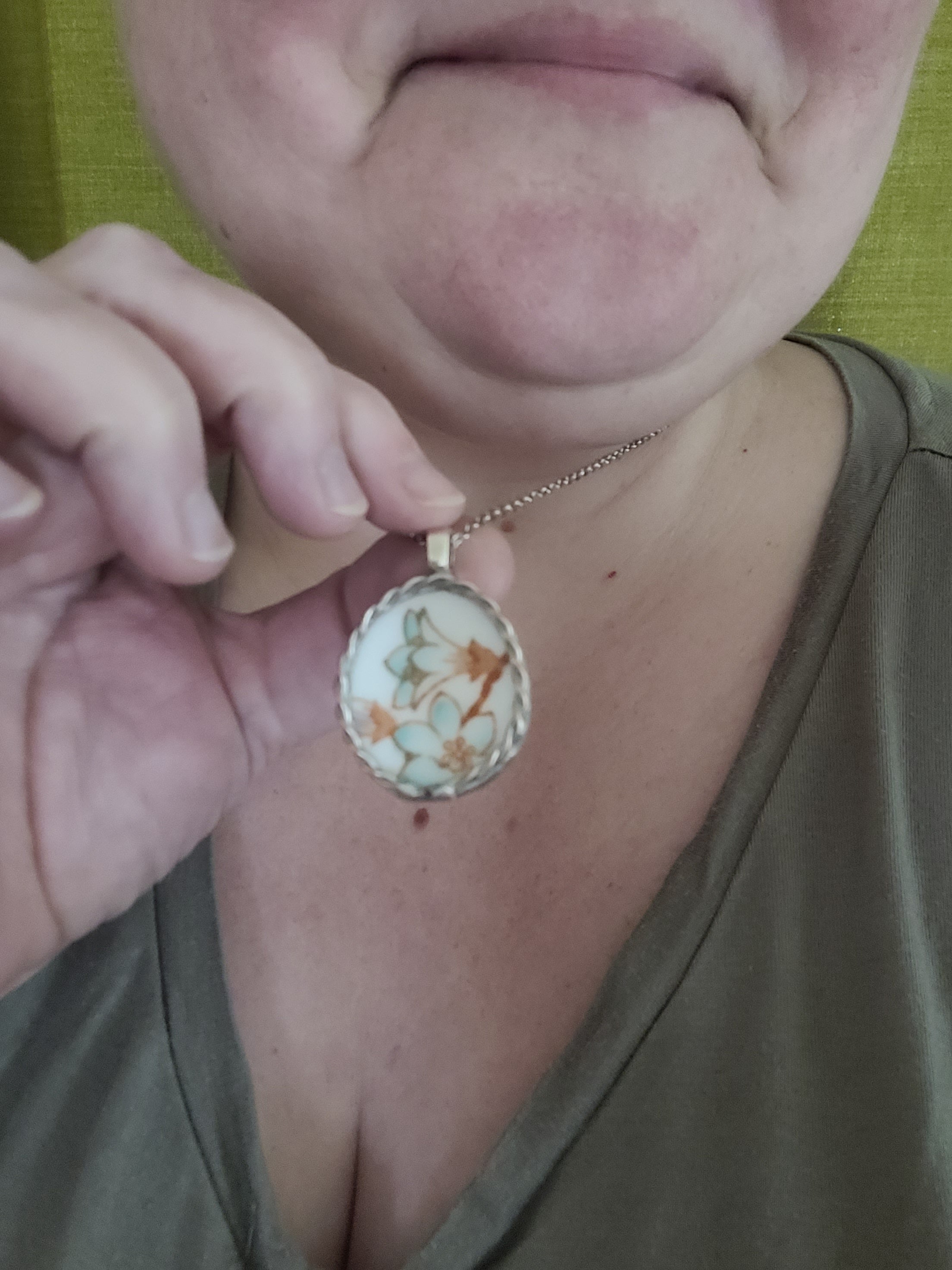 Upcycled Antique China - pendant on stainless steel chain