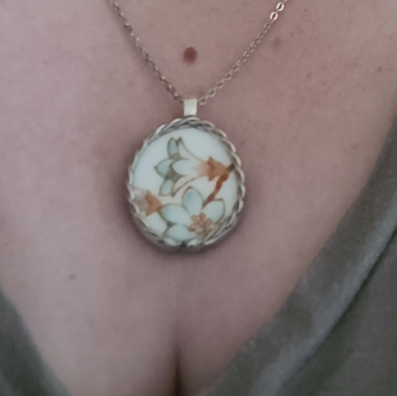 Upcycled Antique China - pendant on stainless steel chain