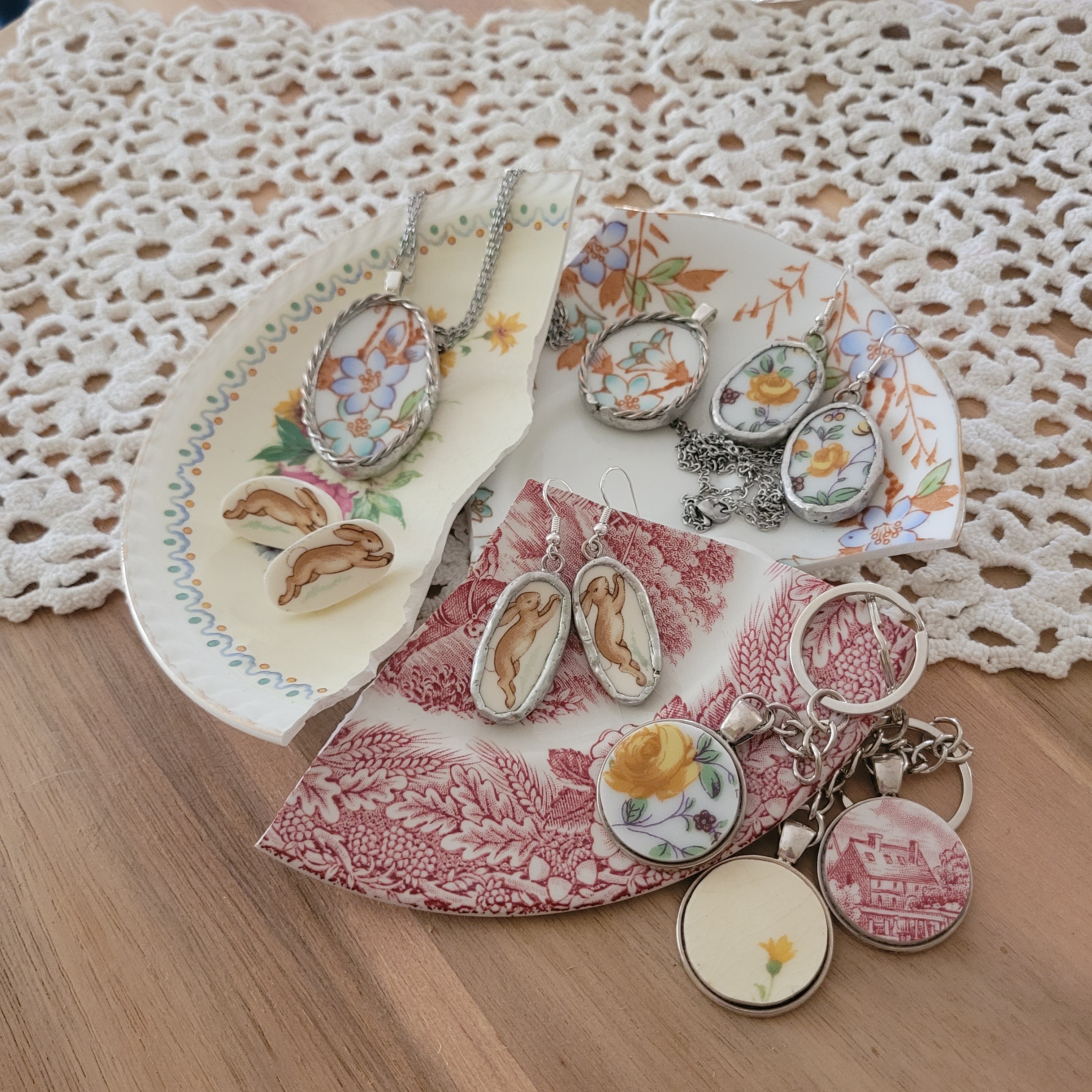 Upcycled Antique China - pendant on stainless steel chain