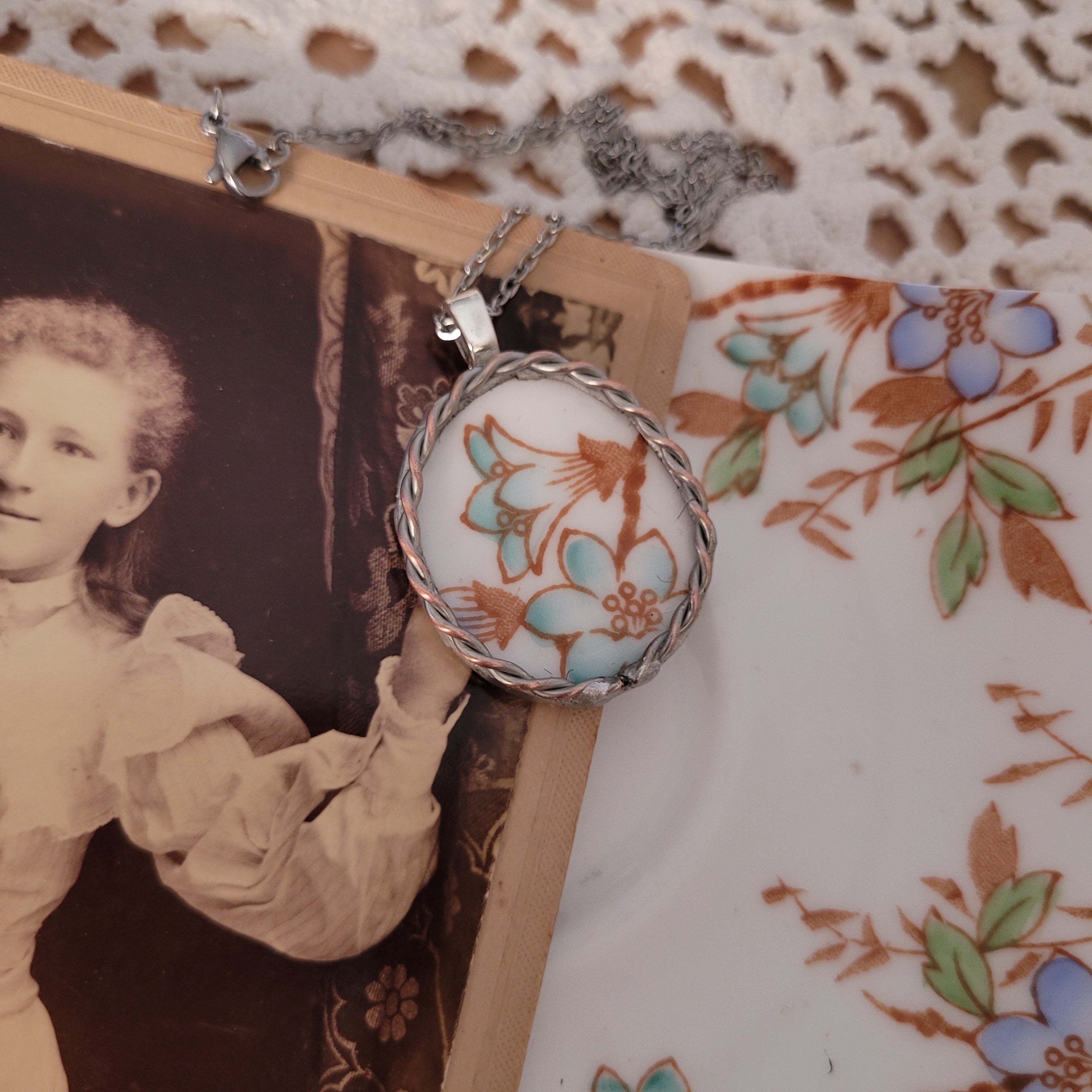 Upcycled Antique China - pendant on stainless steel chain