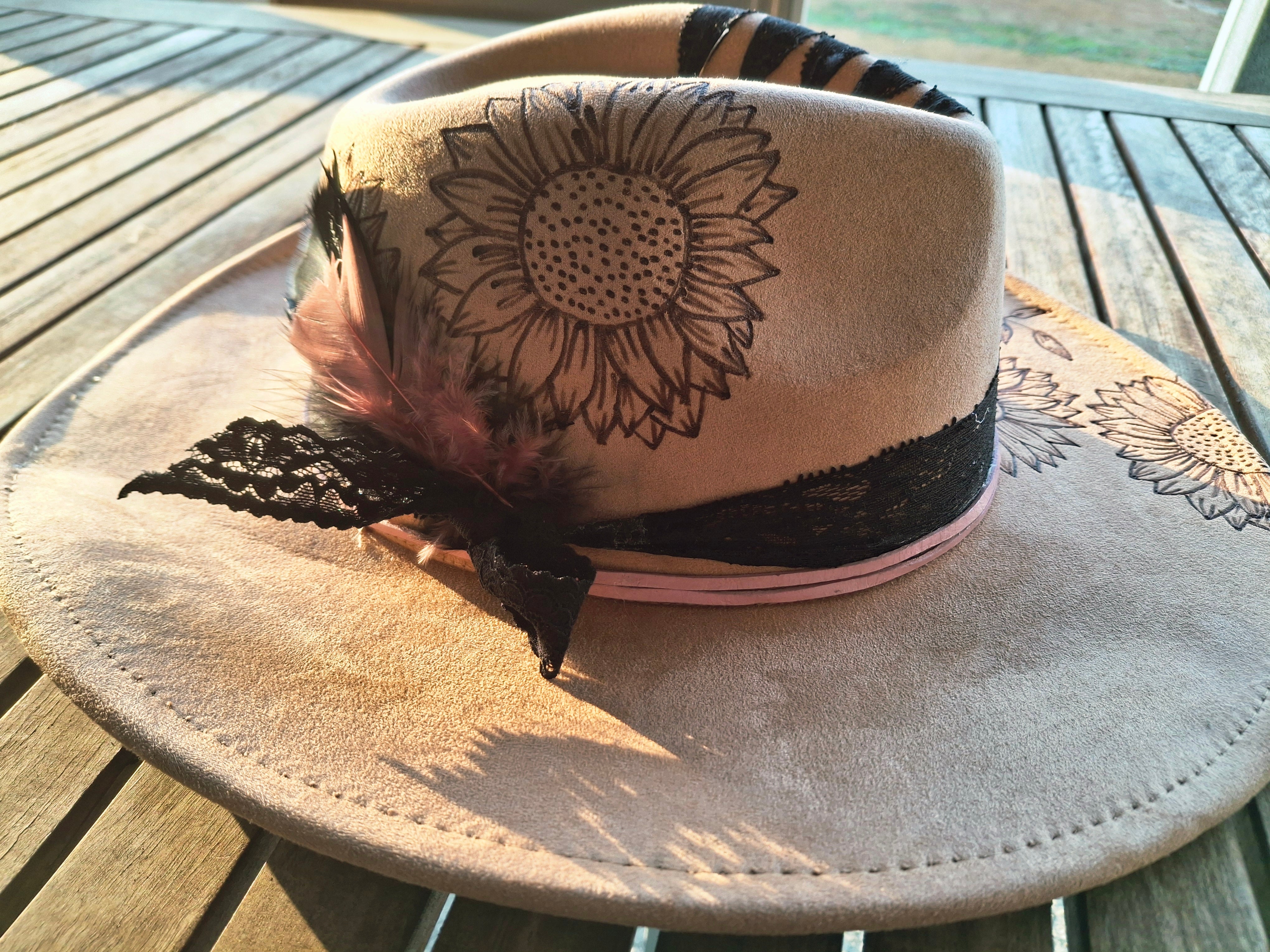 Hand burnt Sunflower dream hat