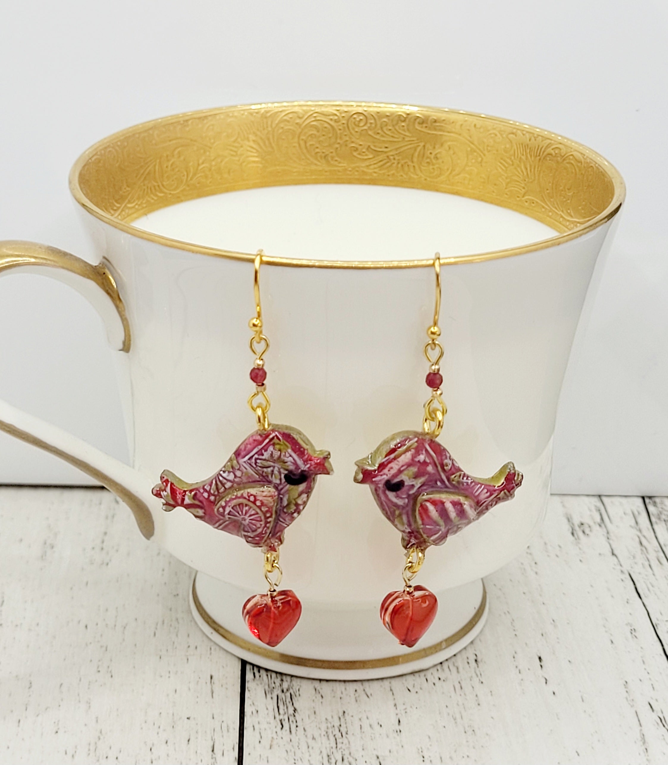 Red Folk Heart Birds