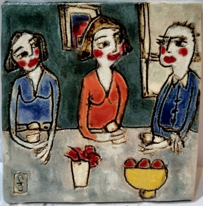 Ceramic Tile Artwork, CONNECTIONS: Friends Sharing News over Drinks at the Wine Bar, framed