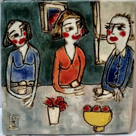 Ceramic Tile Artwork, CONNECTIONS: Friends Sharing News over Drinks at the Wine Bar, framed