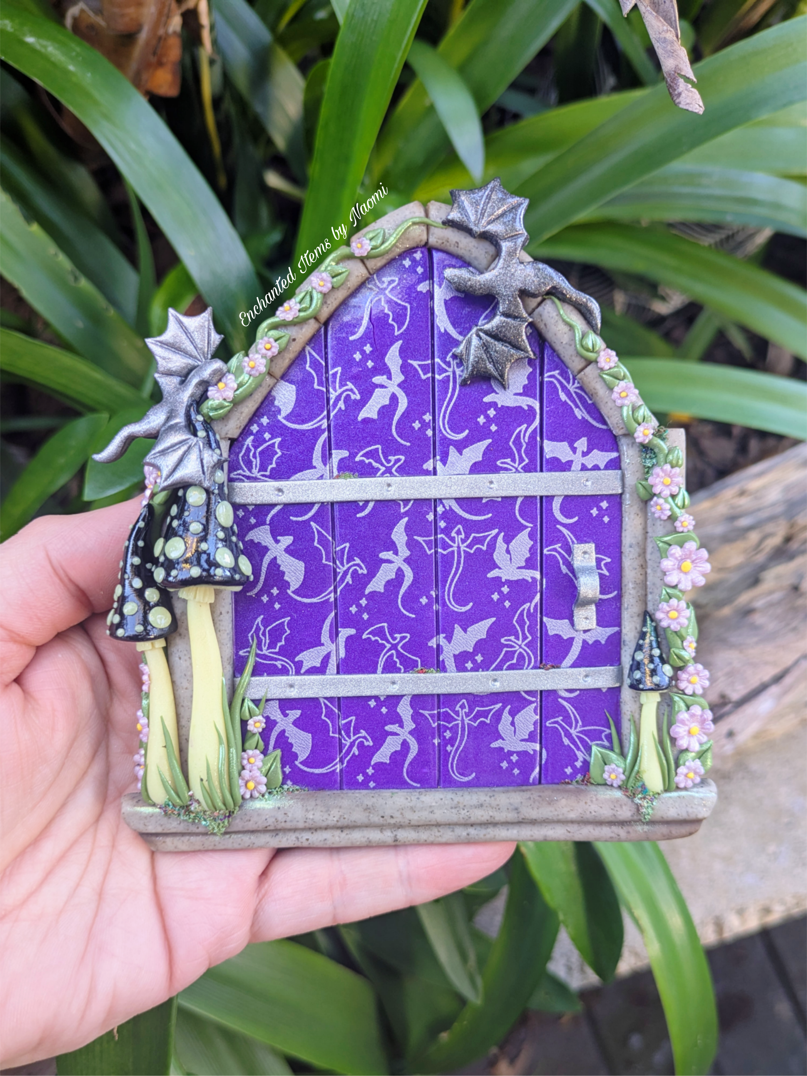 Hand Sculpted Purple and Silver Dragon Fairy Door